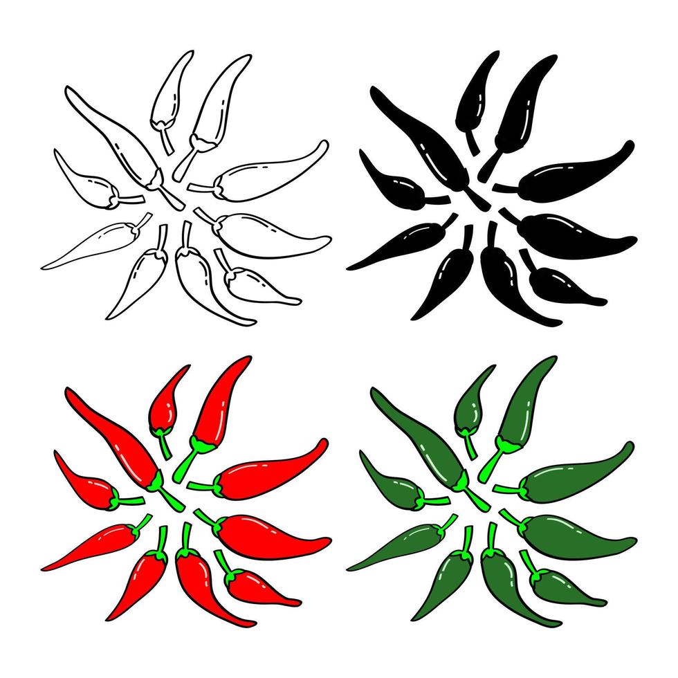 set of hand drawn chilli pepper in doodle style vector