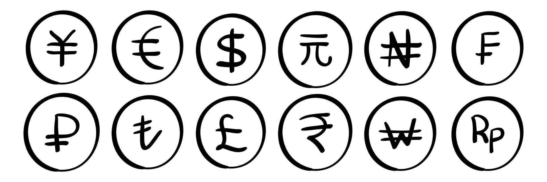 hand drawn currency symbol in doodle style vector