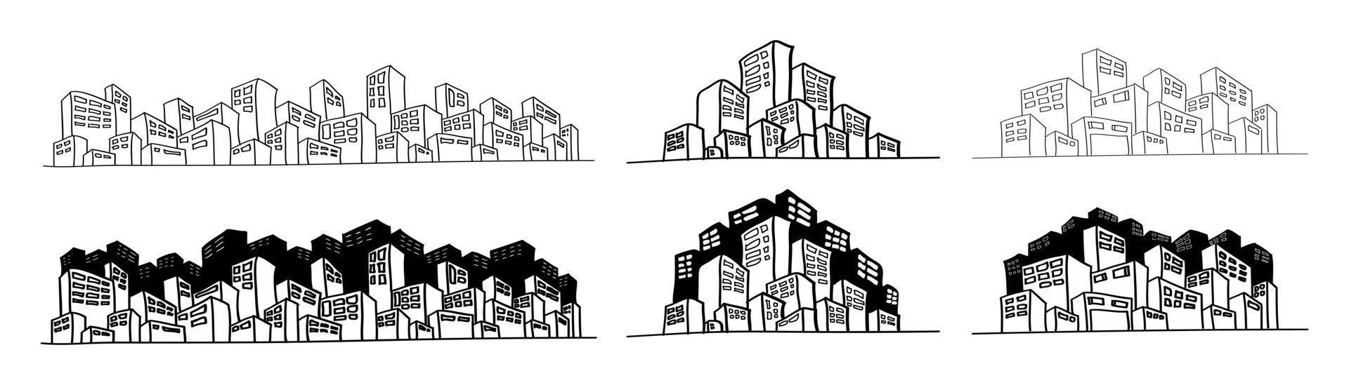 set of hand drawn Cityscape illustration in doodle style vector