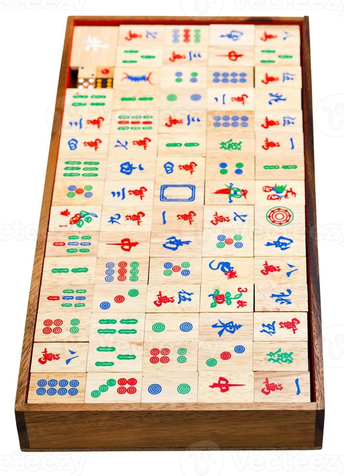 above view of wood mahjong game tiles in box photo