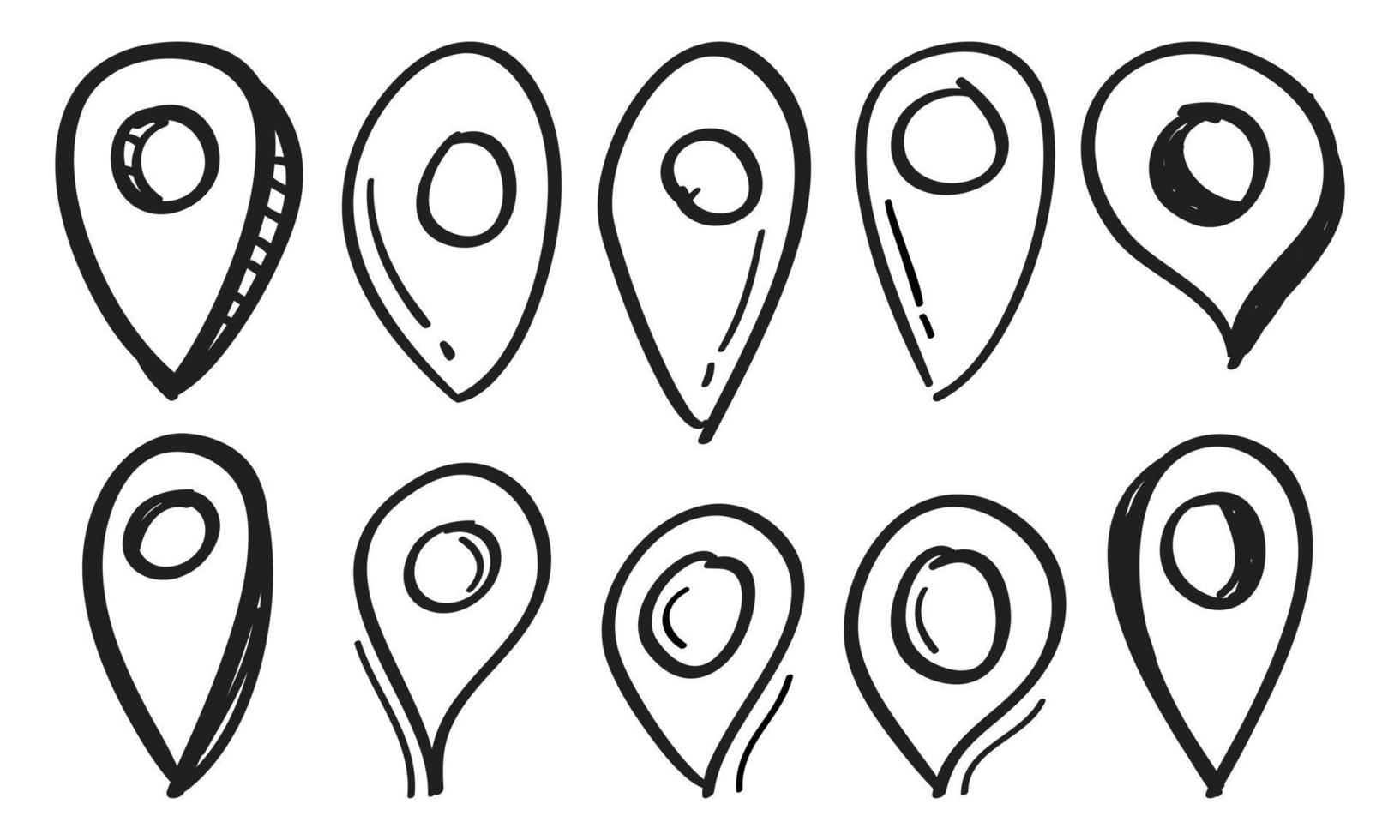 set of hand drawn map pins sign location icon in doodle style vector