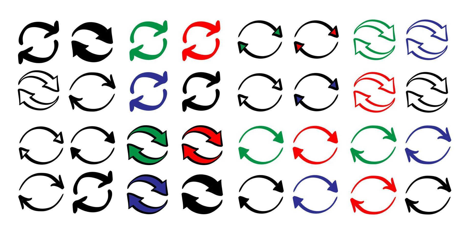 set of hand drawn double reverse circular swap arrow icon in doodle style vector