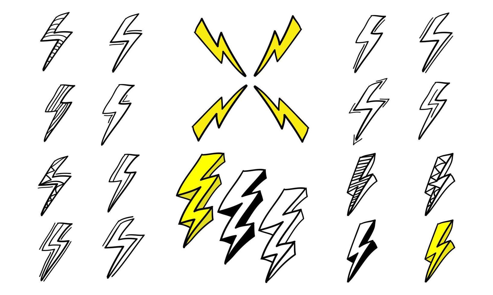 set of hand drawn lightning icon in doodle style vector