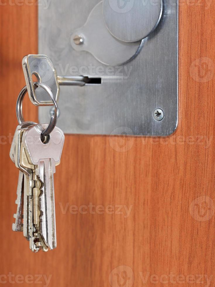 bunch of home keys in keyhole of door photo