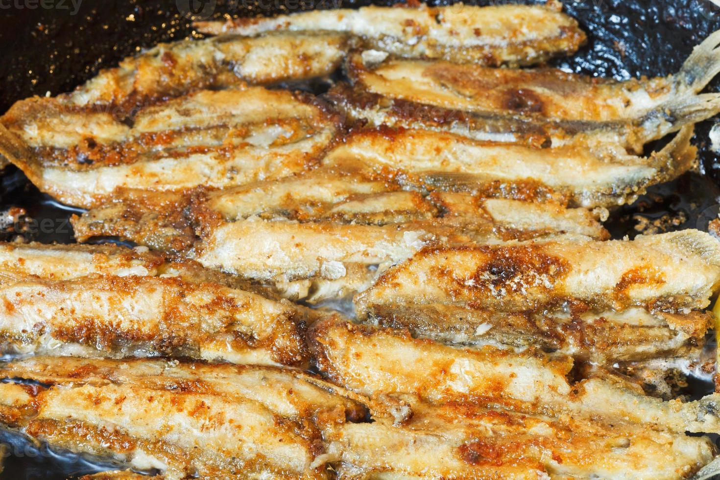 fried fish capelin on frypan photo