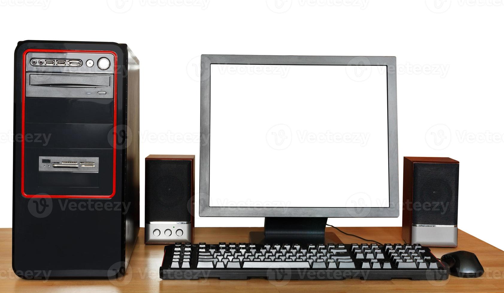 black computer on wooden table photo