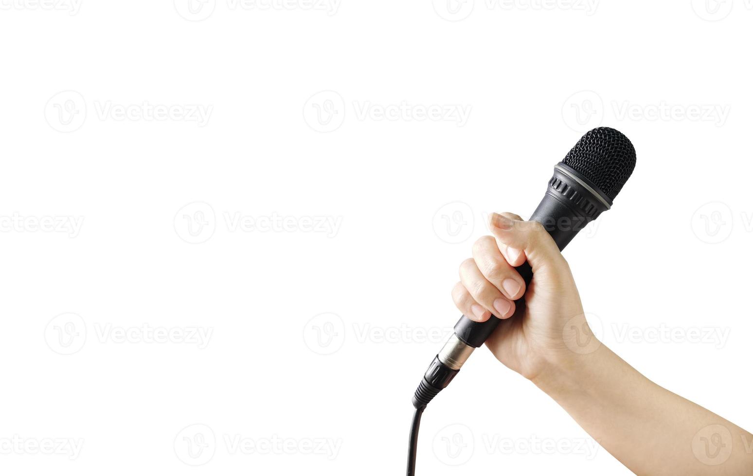 hand with microphone isolated on white background text input area photo