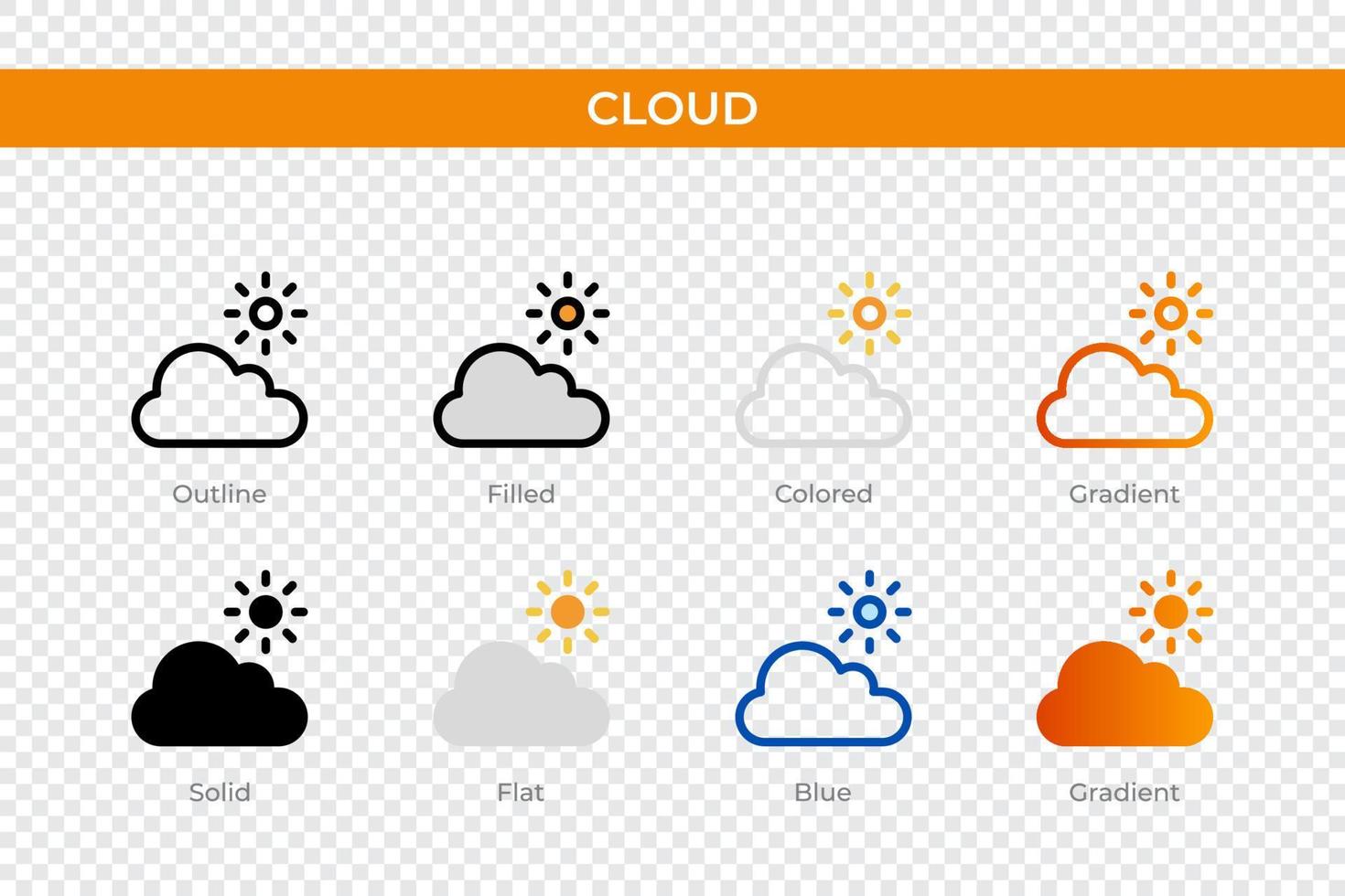 icono de la nube en un estilo diferente. iconos de vector de nube diseñados en contorno, sólido, coloreado, relleno, degradado y estilo plano. símbolo, ilustración de logotipo. ilustración vectorial