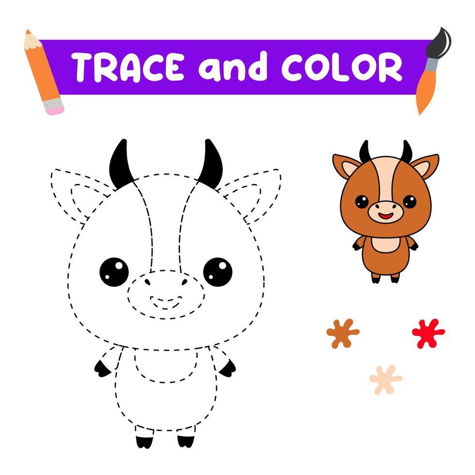 Traza y colorea el animal. una hoja de entrenamiento para niños en edad preescolar.tareas educativas para niños.libro para colorear de vaca vector