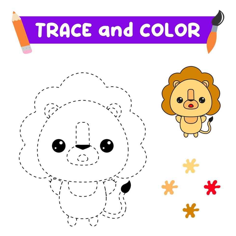 Traza y colorea el animal. una hoja de entrenamiento para niños en edad preescolar.tareas educativas para niños.libro de colorear león vector