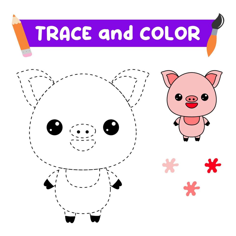 Traza y colorea el animal. una hoja de entrenamiento para niños en edad preescolar. tareas educativas para niños. libro para colorear de cerdo vector