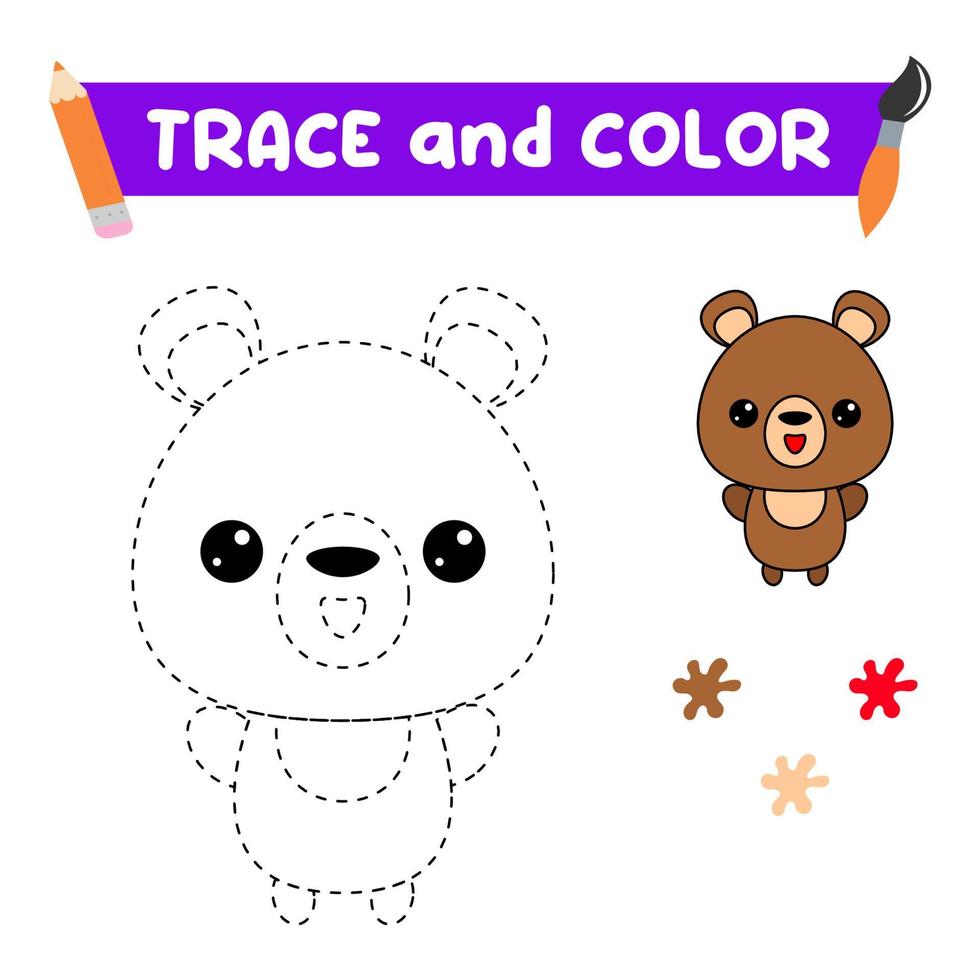 trace and color the animal. A training sheet for preschool children.Educational tasks for kids.Bear Coloring Book vector