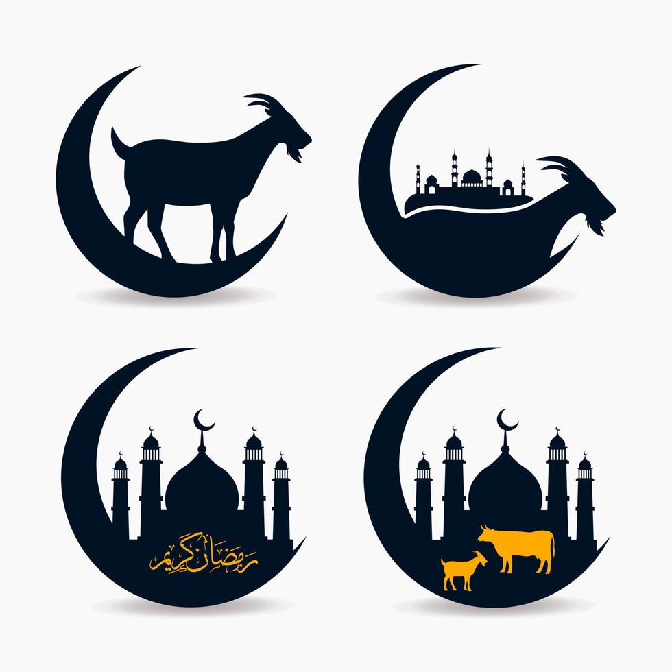 Eid al adha mubarak design logo. Islamic background with goat and Mosque vector