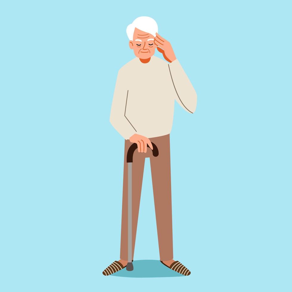 Grandpa with a cane thinks, tries to remember. An elderly character with Alzheimers disease. vector