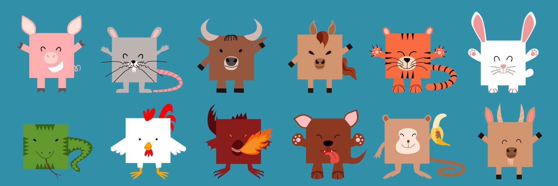 A set of square-shaped Chinese zodiac animals. vector