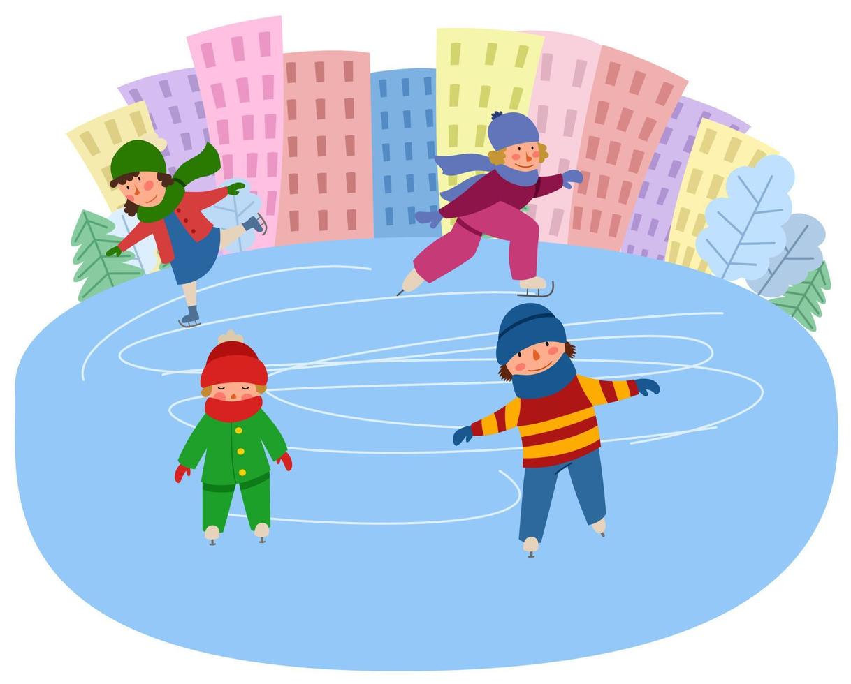 los niños patinan sobre el hielo en el contexto de la ciudad. Deportes de invierno. vector