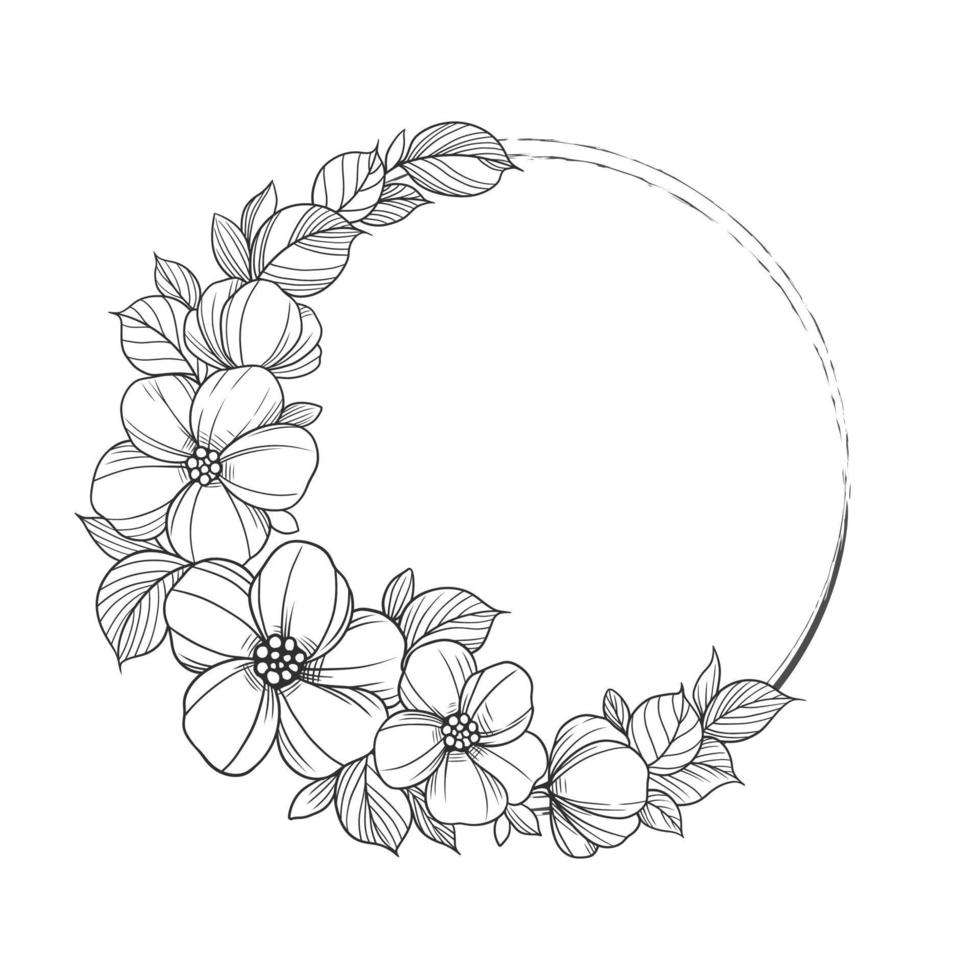 Flower frame outline double round. Floral circle border botanical line art drawing style. vector