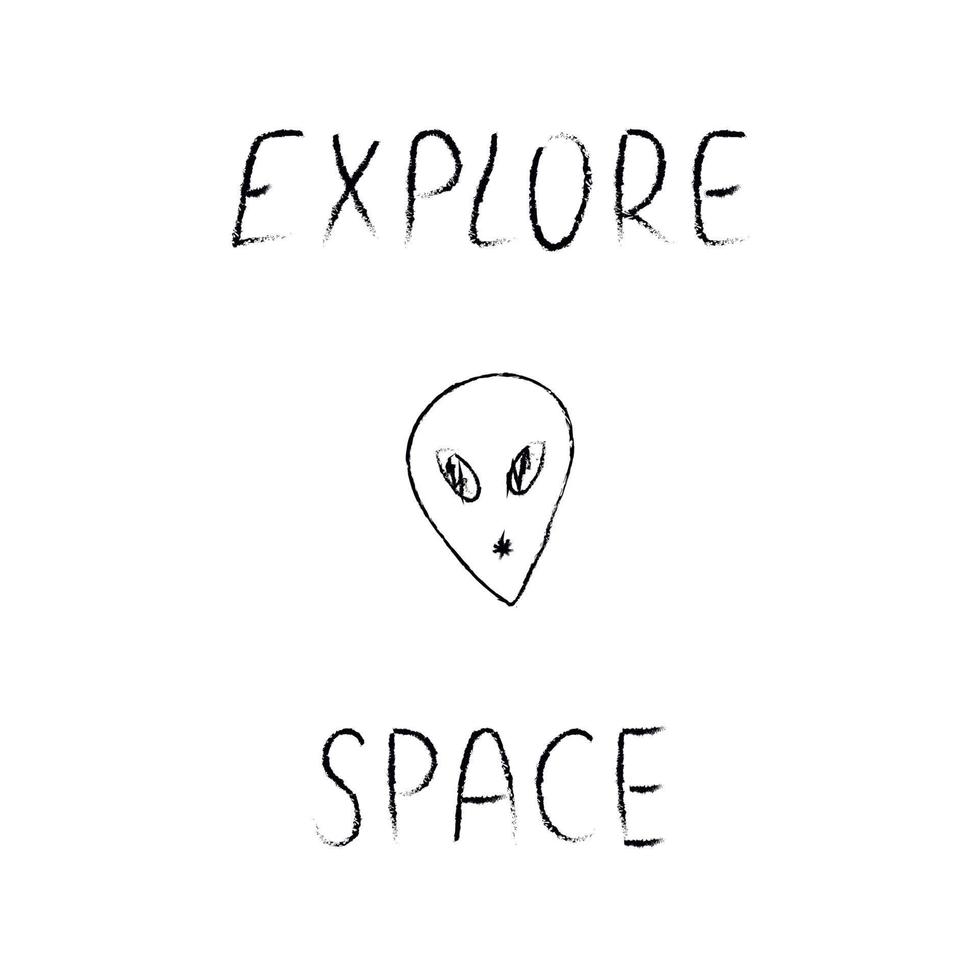 garabatear la ilustración del cosmos en estilo infantil. tarjeta espacial dibujada a mano con letras explorar, alienígena. en blanco y negro vector