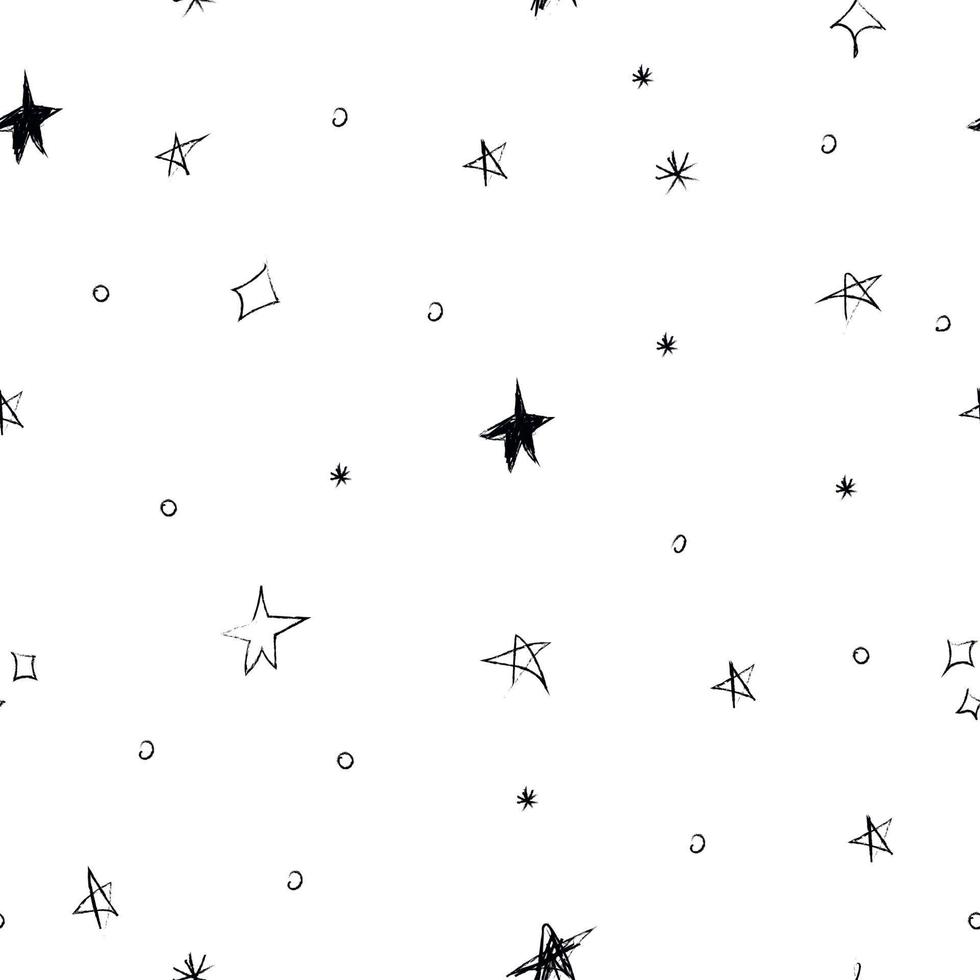doodle patrón cósmico sin costuras en estilo infantil. estrellas espaciales abstractas dibujadas a mano. en blanco y negro. vector
