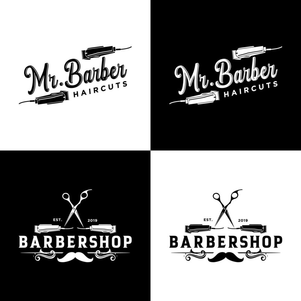 emblemas y etiquetas vectoriales de barbería vintage. insignias y logotipos de barbero. logotipo de barbería y etiqueta vintage de barbería e ilustración de placa vector