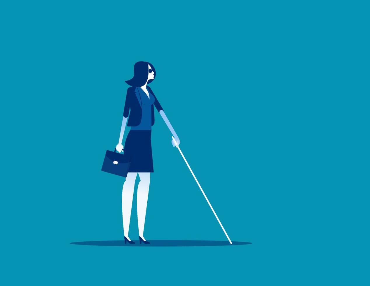 mujer ciega con bastón caminando. ilustración de vector de carácter de negocio de concepto