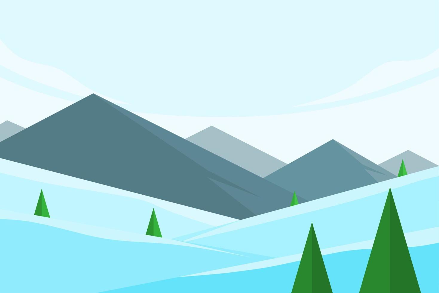 winter landscape flat illustration with pine trees and rock mountains vector