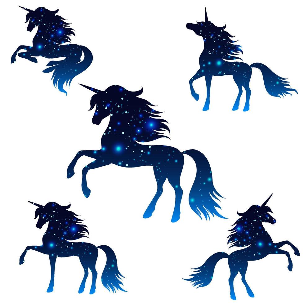 Silhouettes of unicorns of the night starry sky on a white background. vector