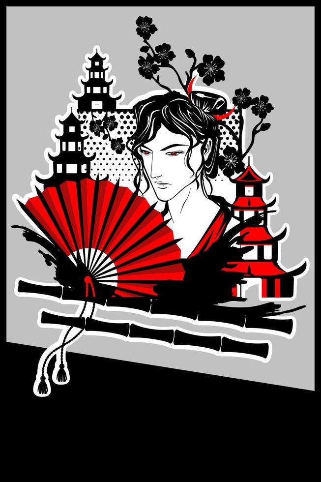 Man with a red fan in his hand in the style of manga and anime against the background of pagodas and cherry blossoms. vector