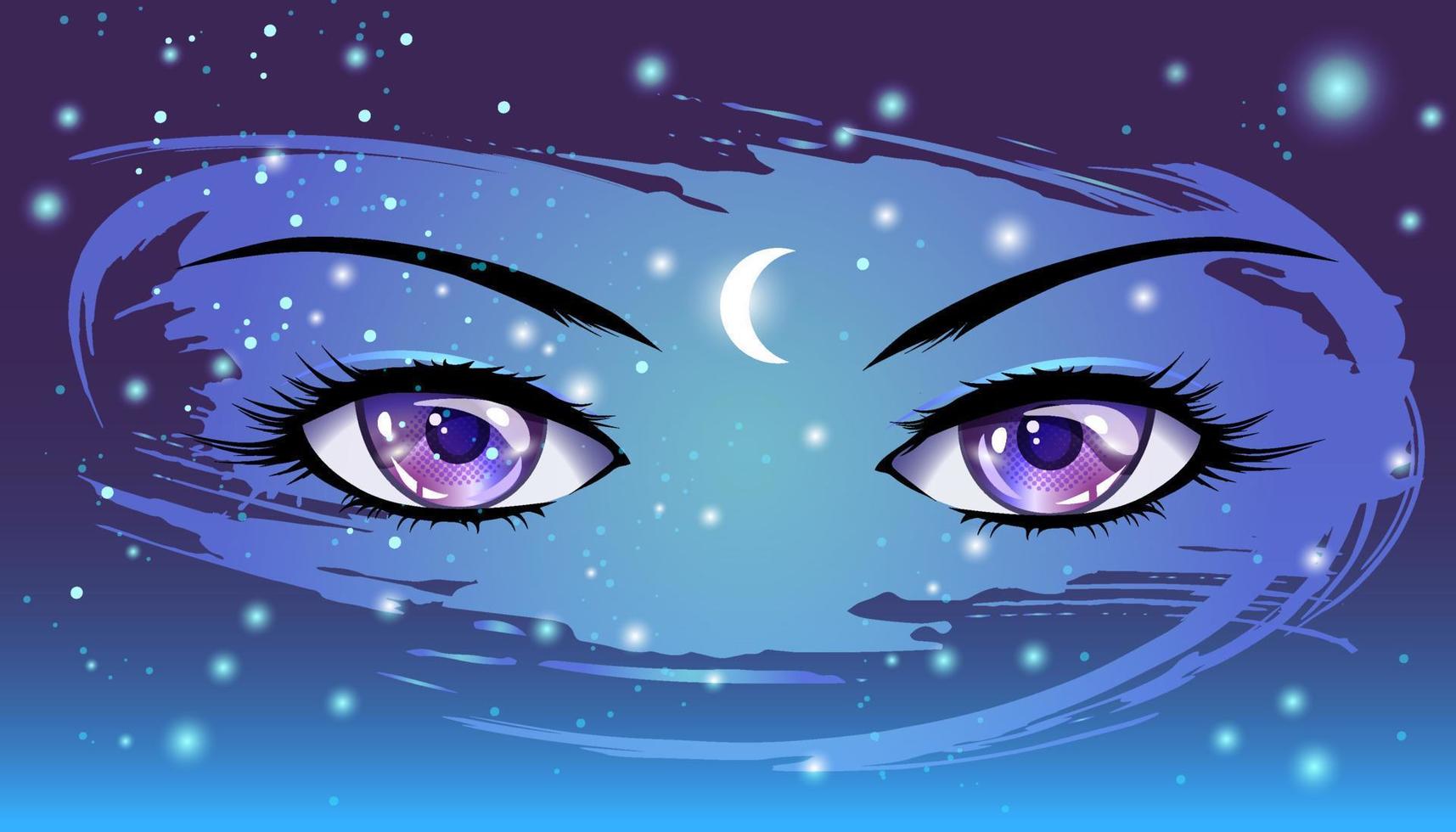 ojos de anime morados en el fondo del cielo estrellado nocturno. vector