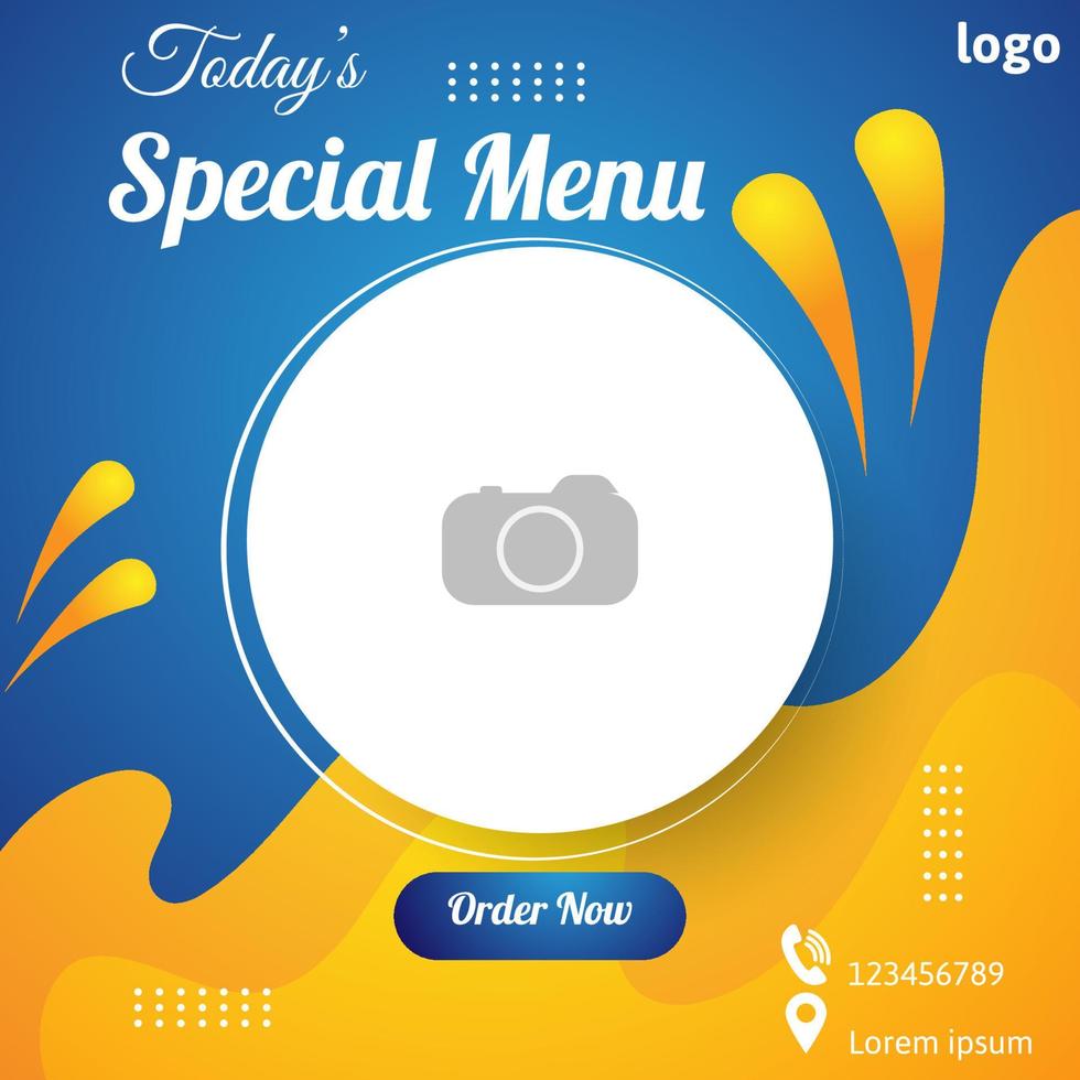 food special menu social media post template design in blue and orange color. vector illustration