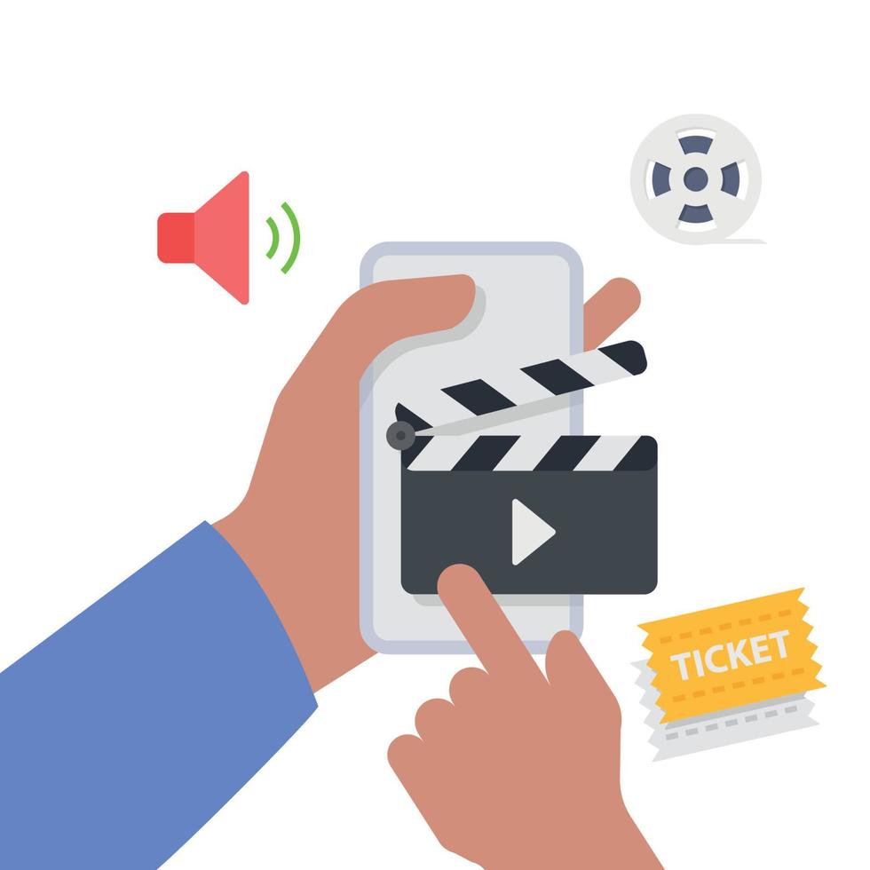mano que sostiene el móvil con la ilustración de la aplicación de reserva de boletos de cine en línea. vector