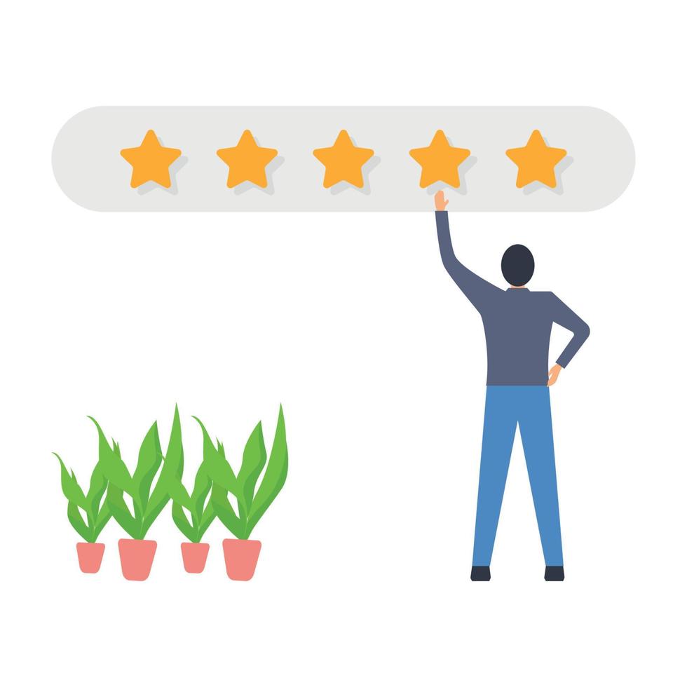 People characters giving five star feedback, Reviews stars good and bad rate illustration. vector