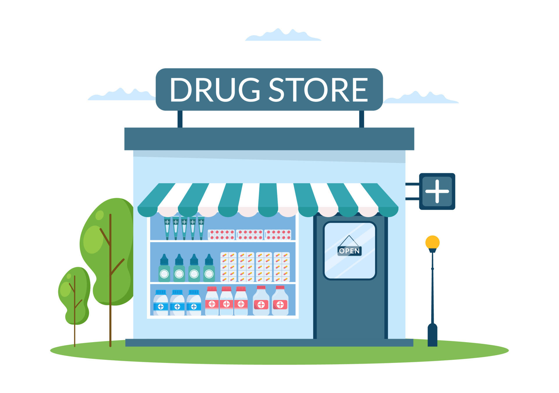 Drug Store Template Hand Drawn Cartoon Flat Illustration Shop for the Sale of Drugs, a