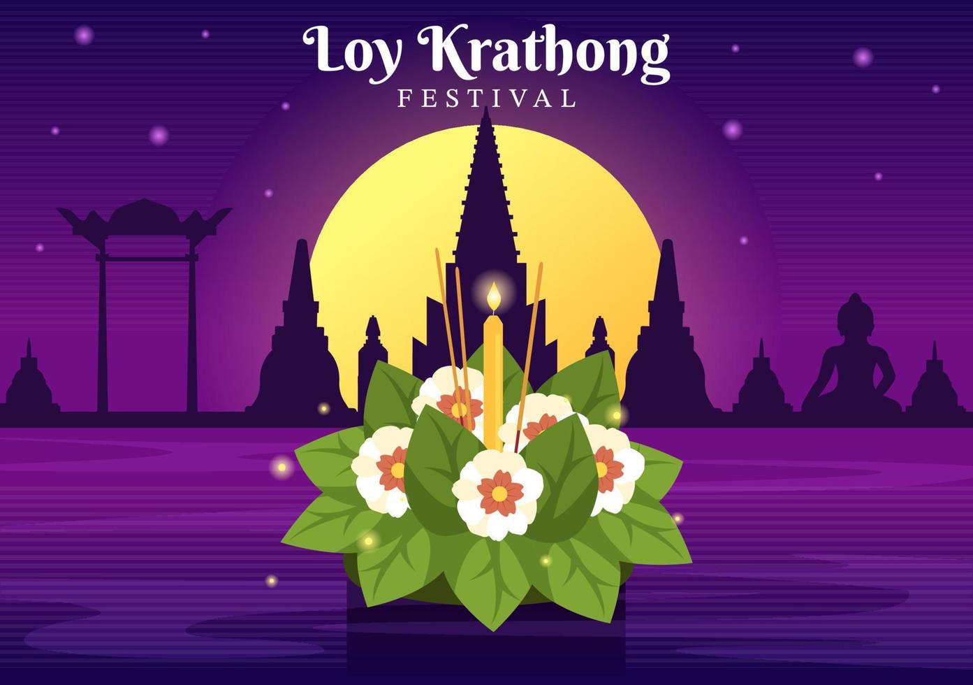 Loy Krathong Festival Celebration in Thailand Template Hand Drawn Cartoon Flat Illustration with Lanterns and Krathongs Floating on Water Design vector