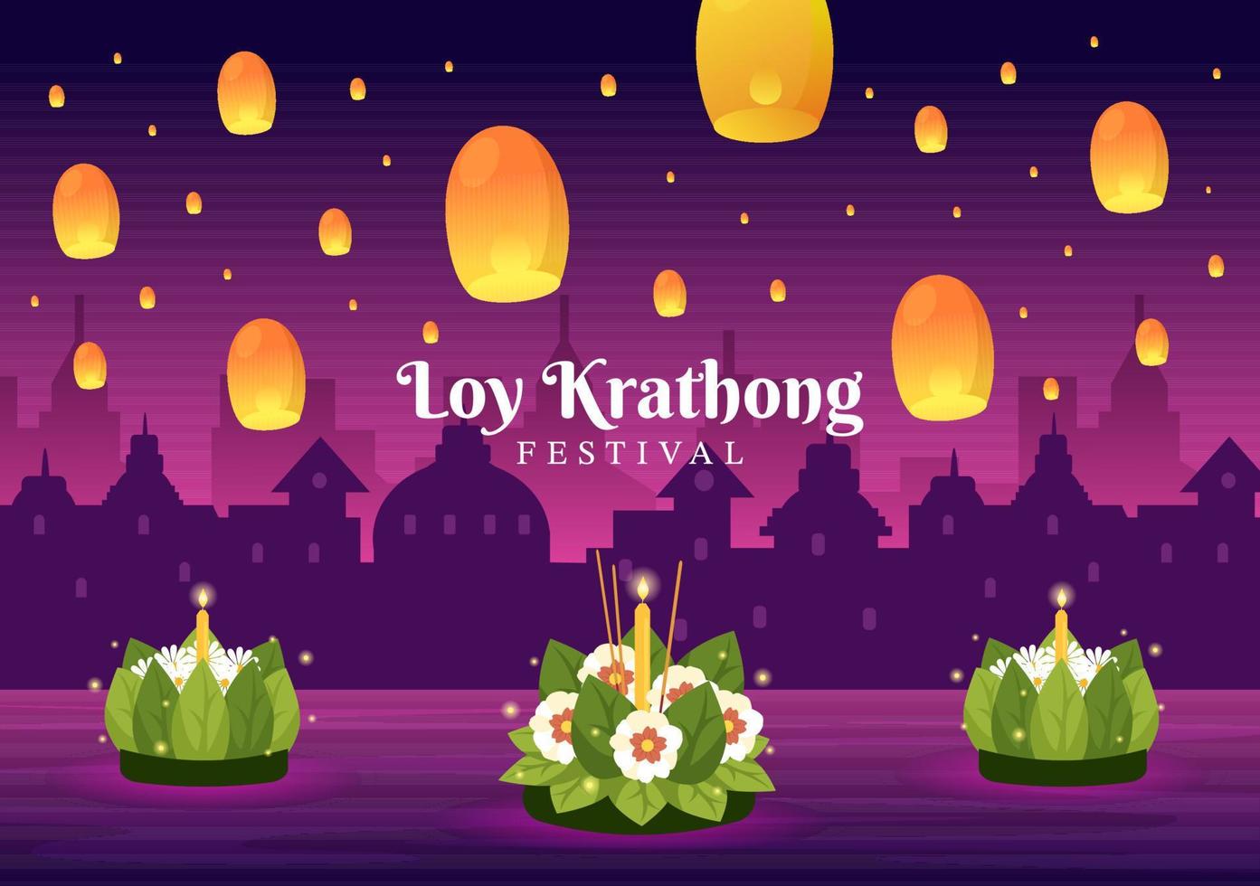 Loy Krathong Festival Celebration in Thailand Template Hand Drawn Cartoon Flat Illustration with Lanterns and Krathongs Floating on Water Design vector