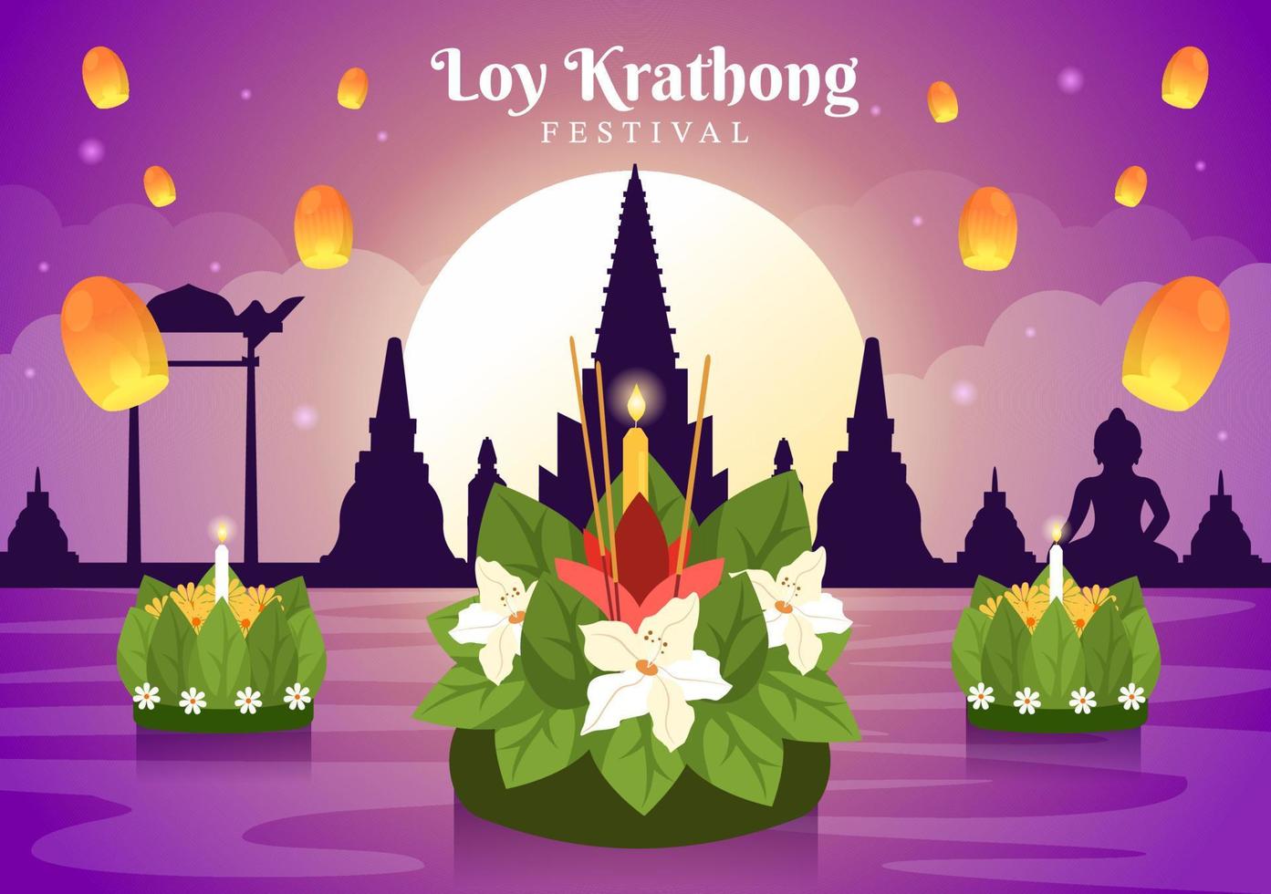 Loy Krathong Festival Celebration in Thailand Template Hand Drawn Cartoon Flat Illustration with Lanterns and Krathongs Floating on Water Design vector