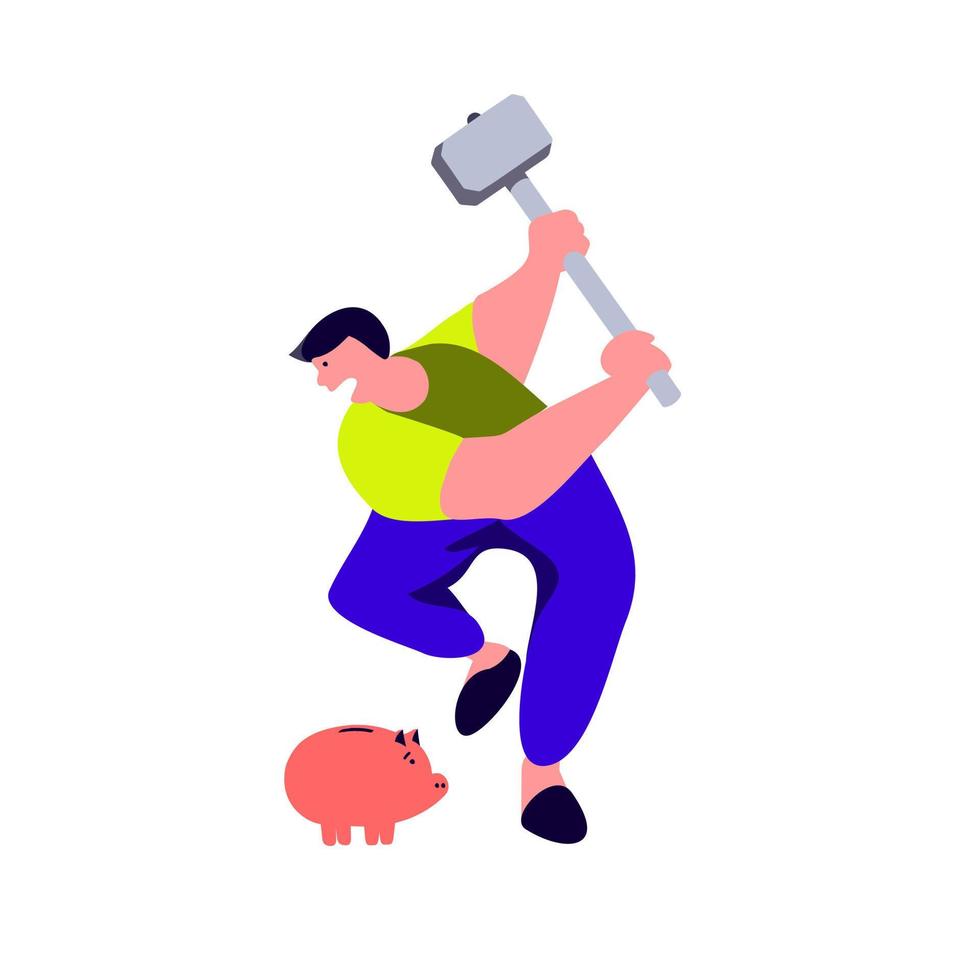 A man breaks a piggy bank. Bankruptcy, financial crisis vector