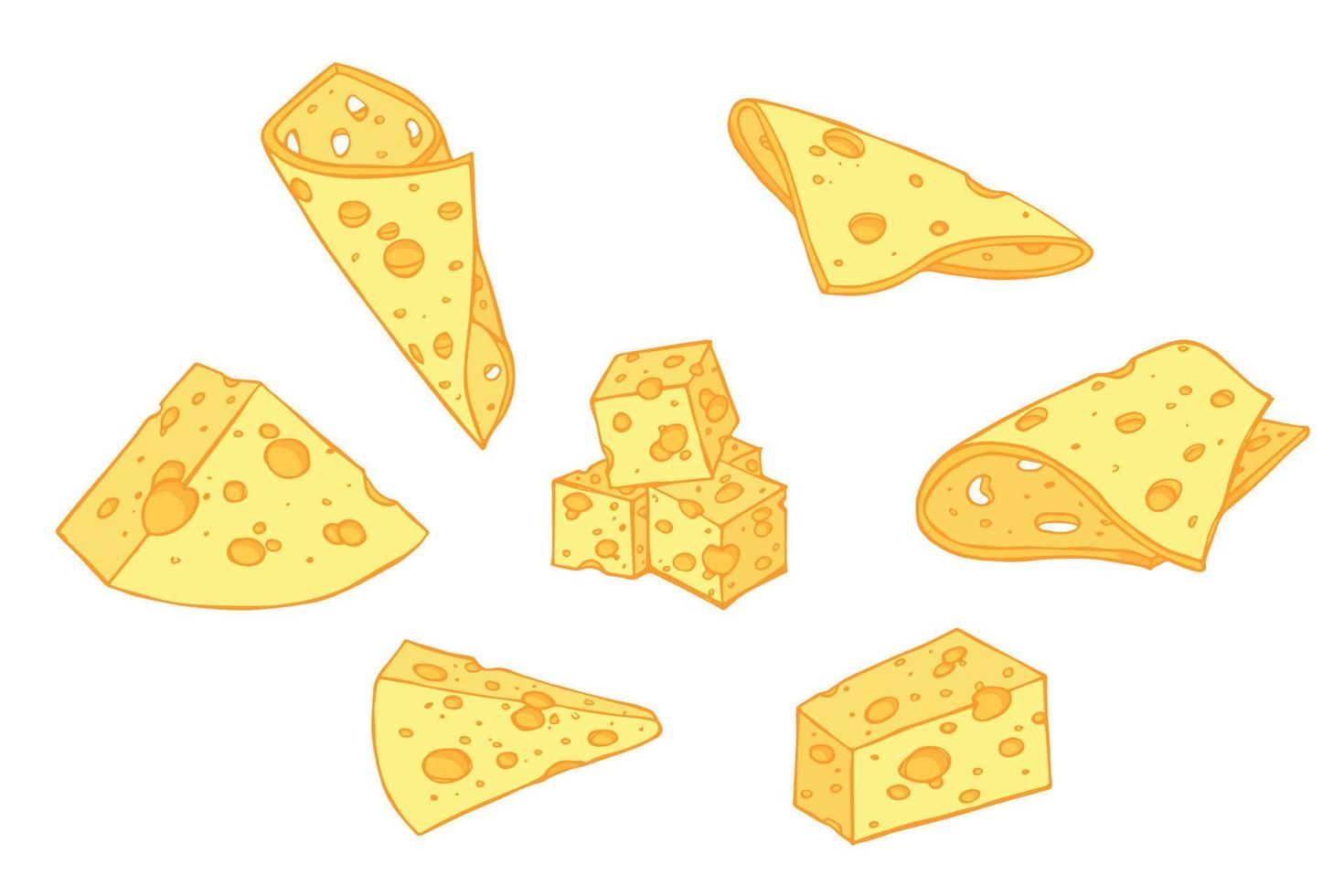 conjunto dibujado a mano de partes y rebanadas de queso. icono de queso. Imágenes Prediseñadas de vector de queso