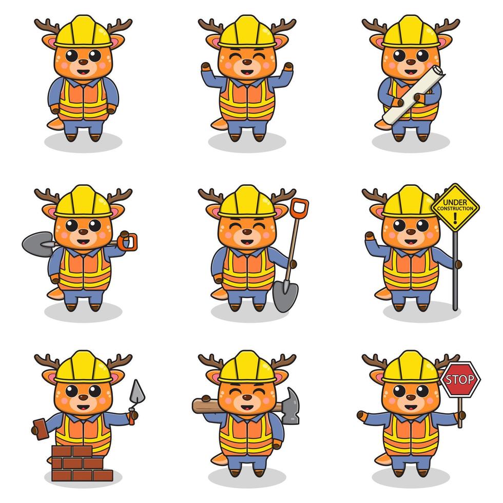 Vector illustration of Deer character at construction site. Construction workers in various tools. Cartoon Deer characters in hard hat working at building site vector.