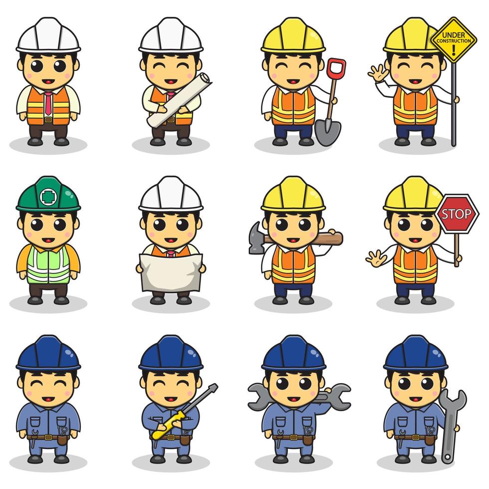 Vector Illustration of Cute construction Boy cartoon set. Childrens with construction tools making job working builders. Kids Construction cartoon. Flat vector cartoon.