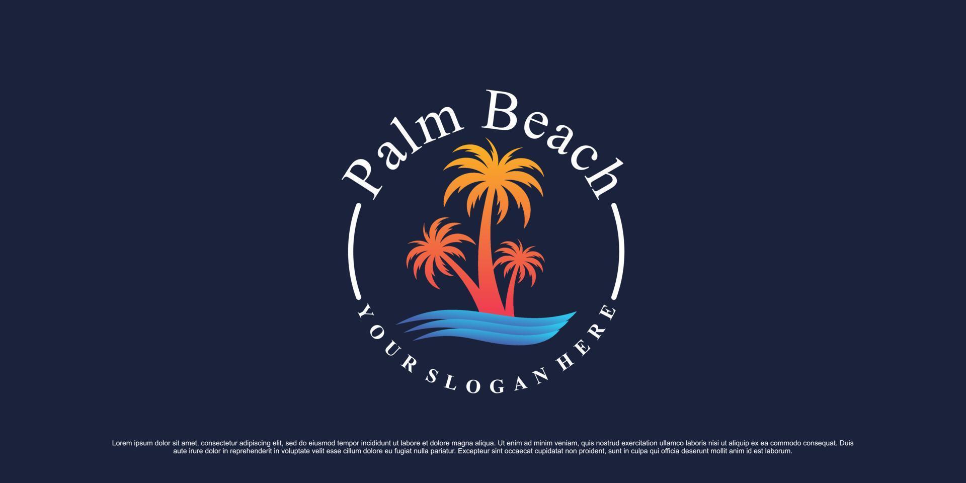 diseño de logotipo de palmera y playa para icono de vacaciones de verano con concepto creativo moderno vector