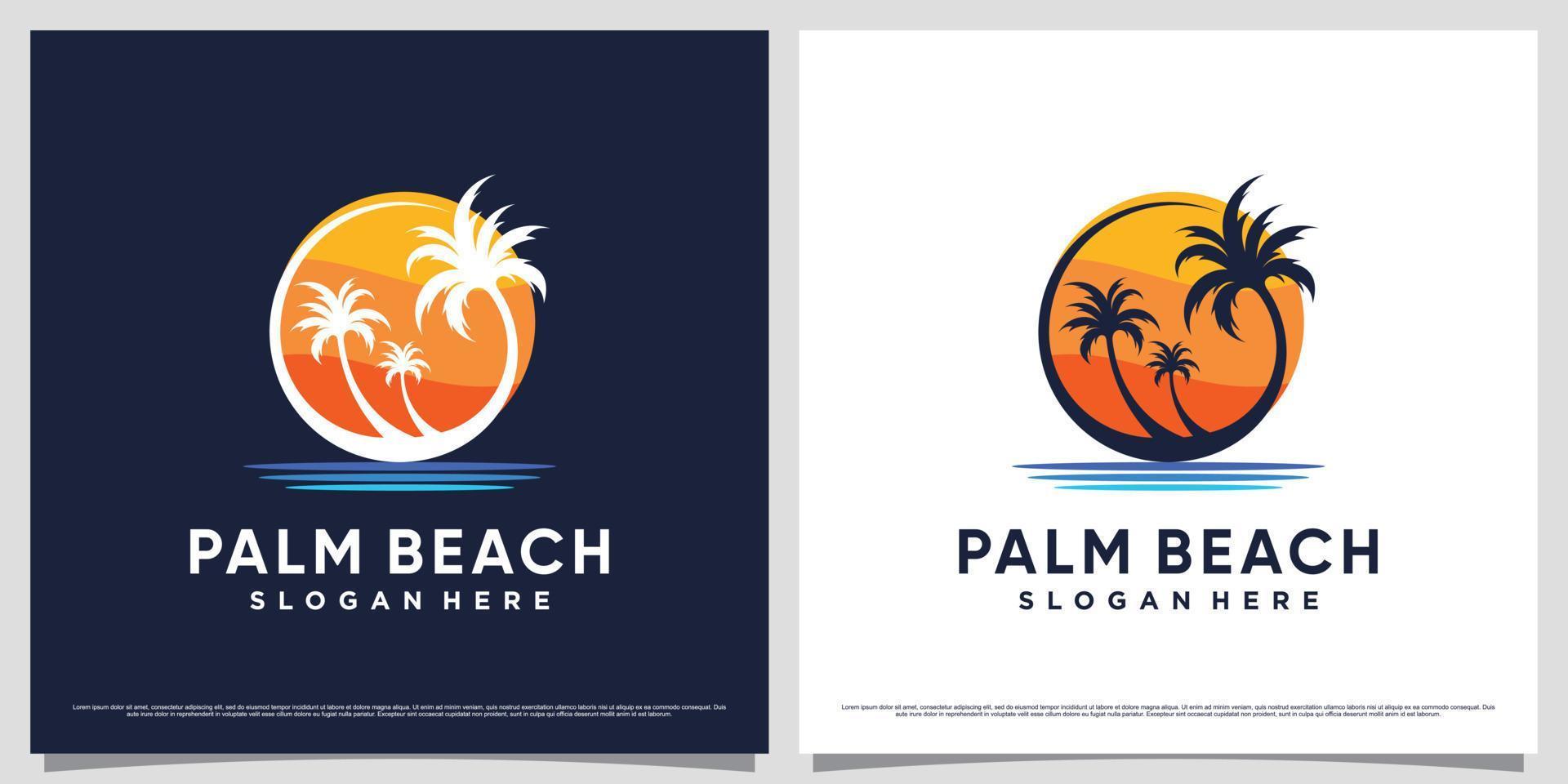 diseño de logotipo de palmera y playa para icono de vacaciones de verano con concepto creativo moderno vector