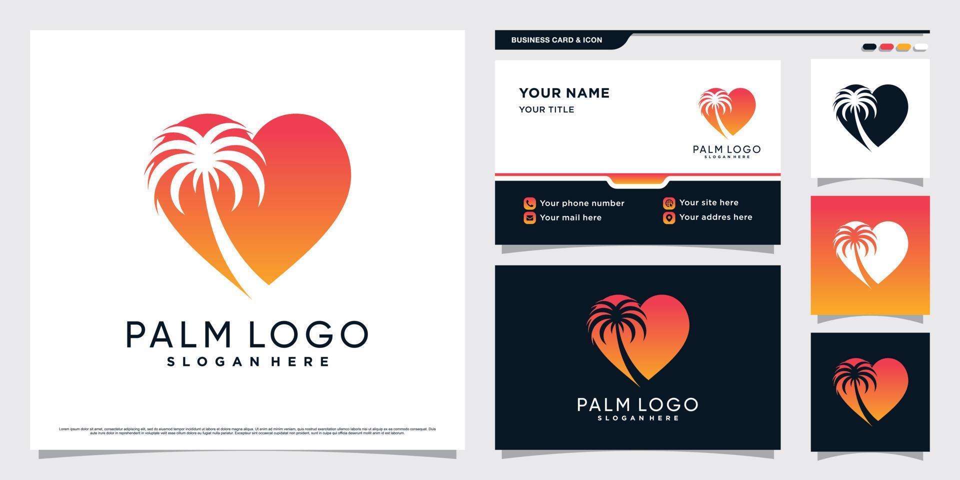 diseño de logotipo de icono de palmera con elemento de forma de corazón y plantilla de tarjeta de visita vector