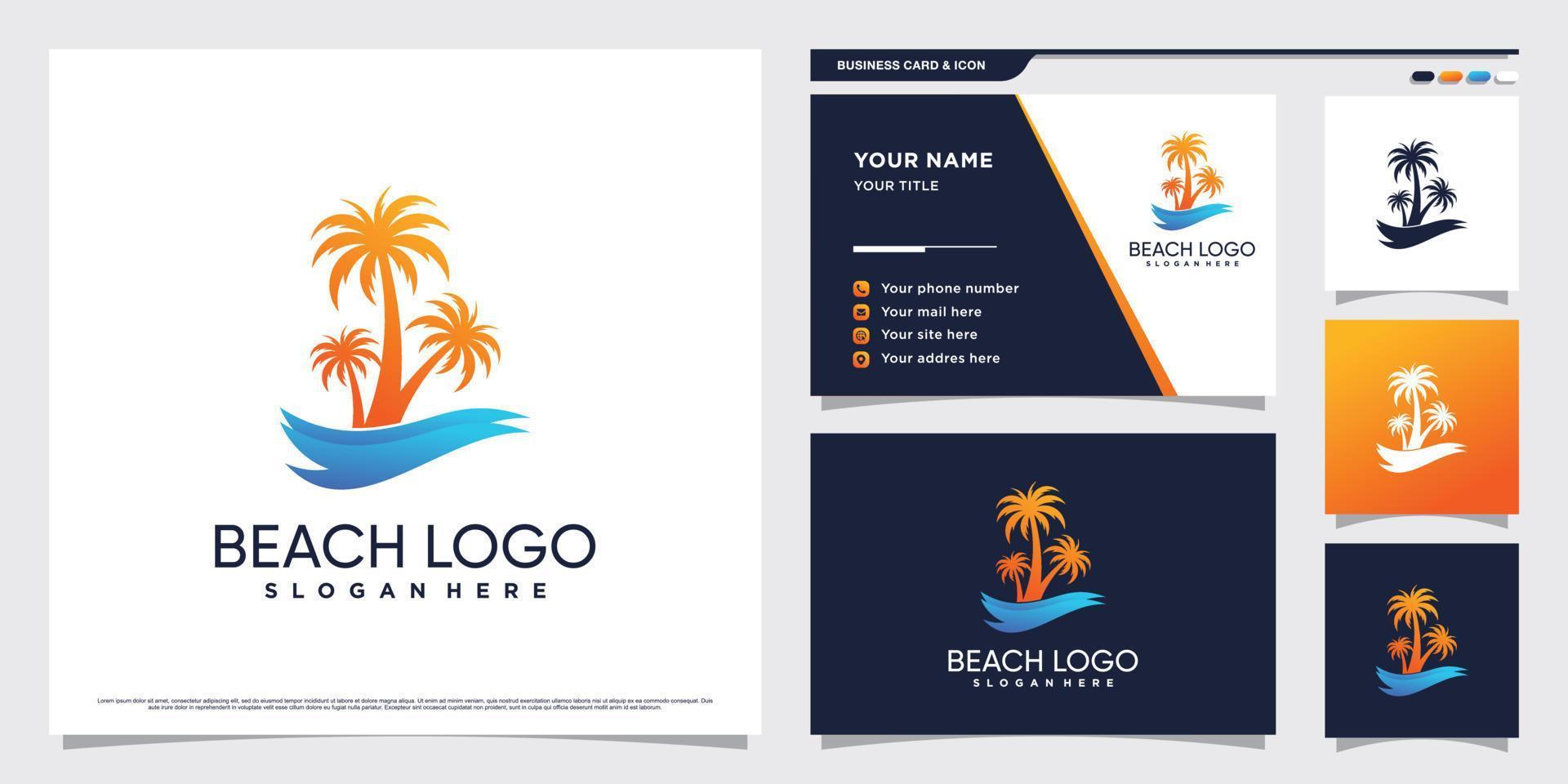 Palm tree and beach logo design illustration with creative concept and business card template vector
