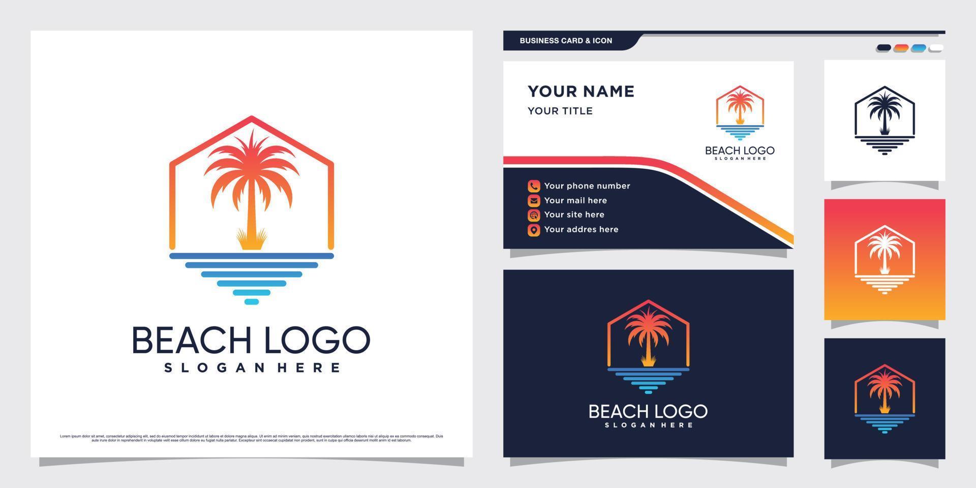 Palm tree and beach logo design illustration with creative concept and business card template vector