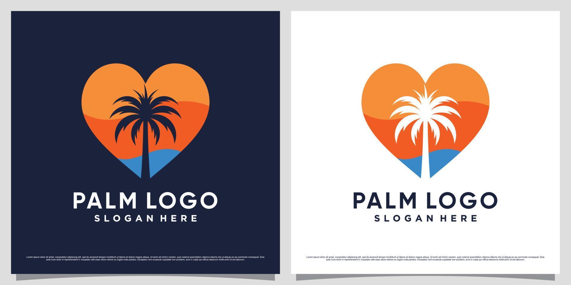 Palm tree icon logo vector illustration with heart shape element and creative unique concept