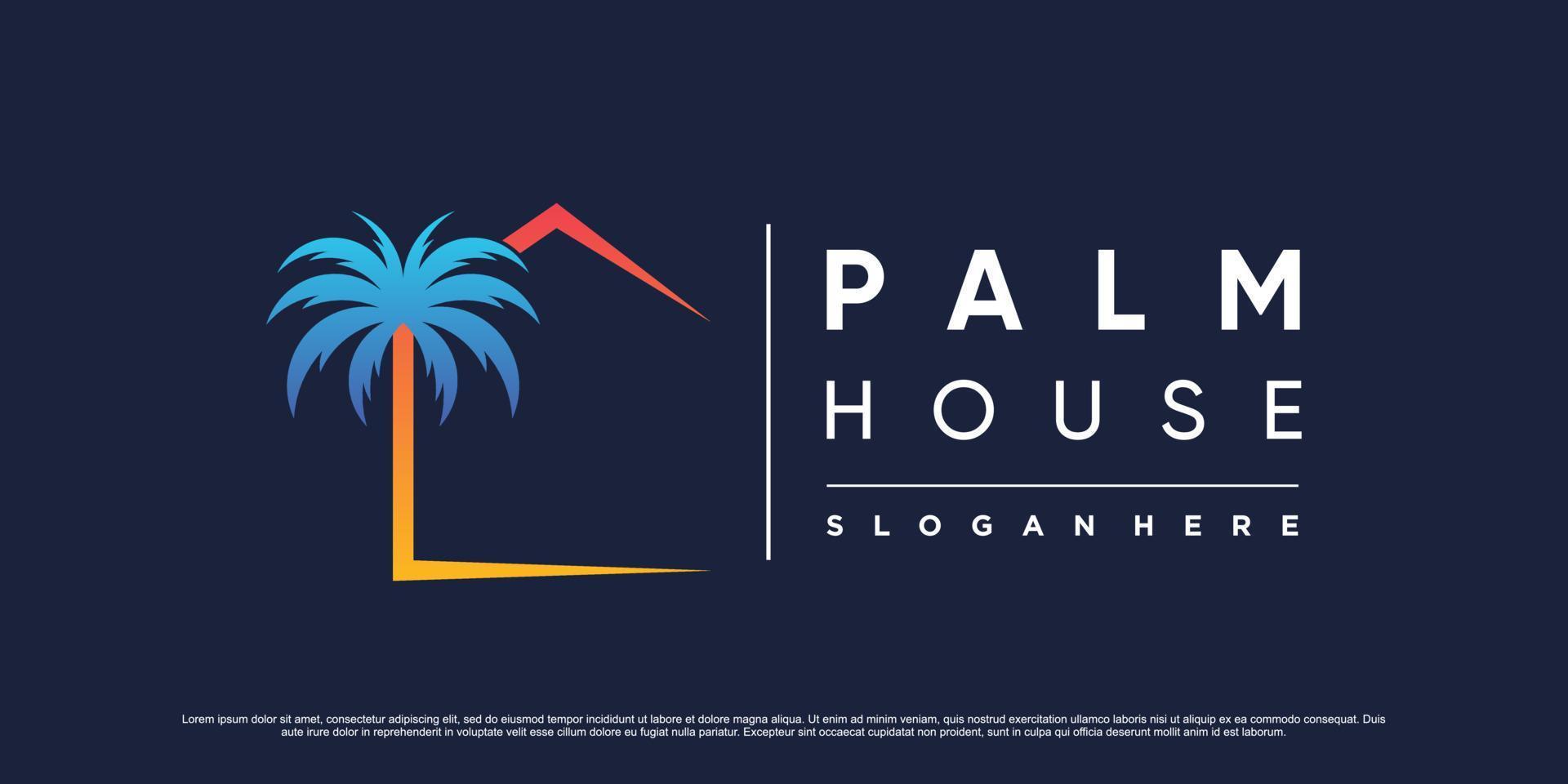 House logo design vector illustration with palm tree icon and modern unique concept