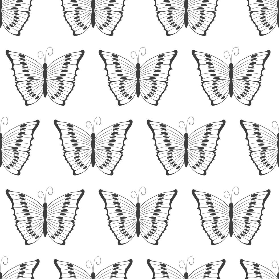 Seamless pattern with black silhouettes of butterflies isolated on a white background. Simple monochrome abstract outline design vector