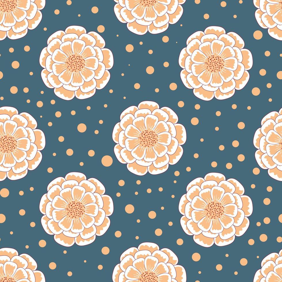 Seamless pattern with orange marigolds in flat style isolated on blue background vector