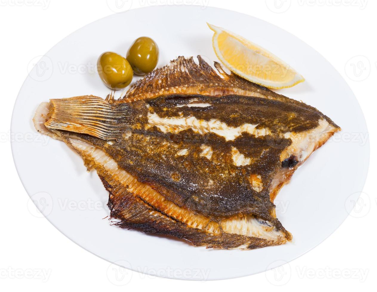 fried sole fish on white background photo